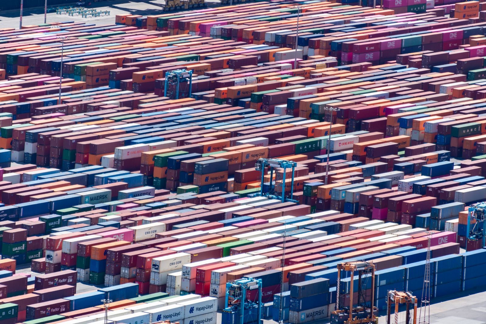 Aerial view of stacked shipping containers
